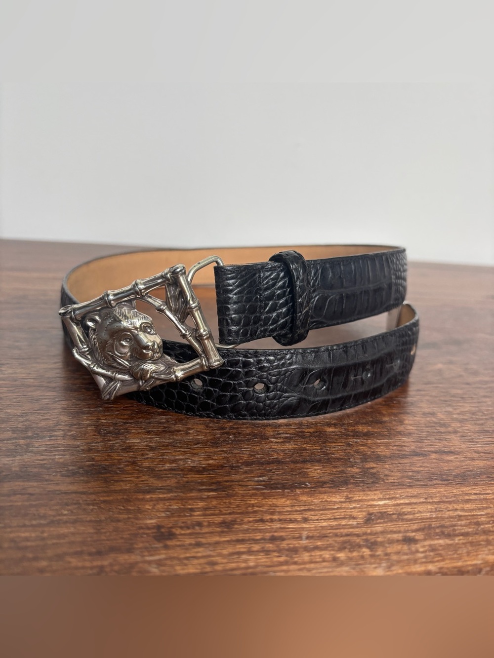 Women's Brighton Black Leather Belt Embossed Reptile Pattern Panda Buckle Sz M